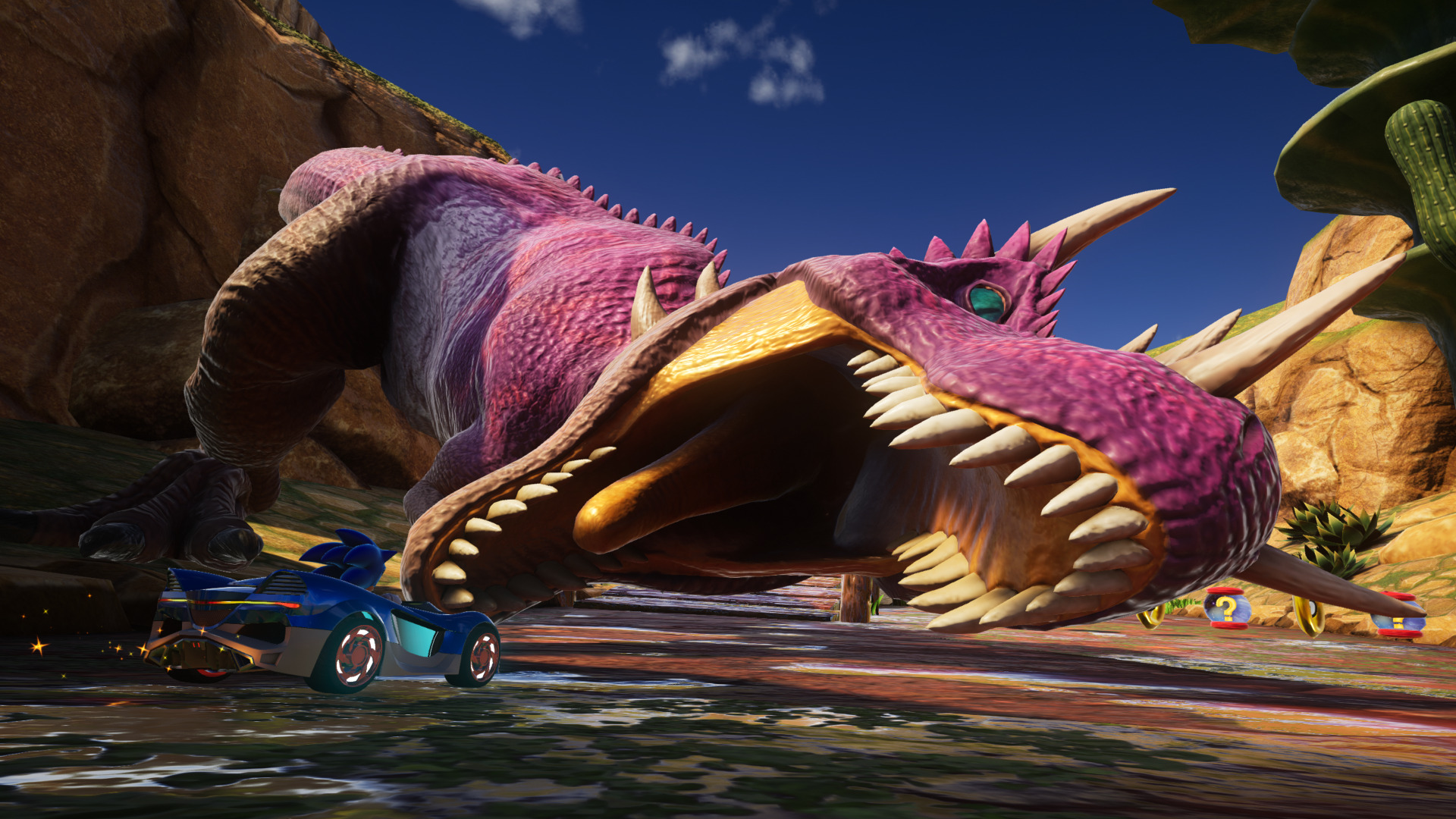 Un dragón morado con la boca abierta y un coche de carreras cerca.