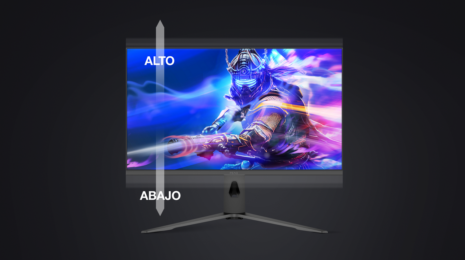 Un monitor muestra una imagen de guerrero futurista con acentos azules y morados.