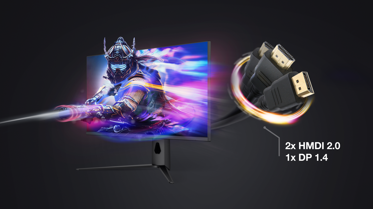 Un monitor gaming muestra un personaje. Cables HDMI y DP están al lado.