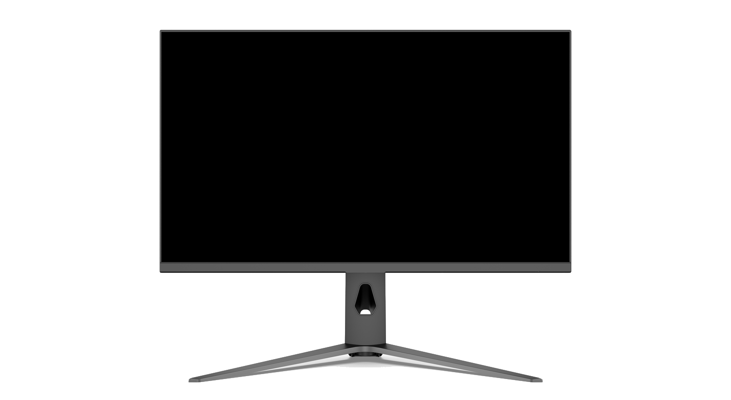 Un monitor de computadora negro con soporte gris sobre fondo negro.
