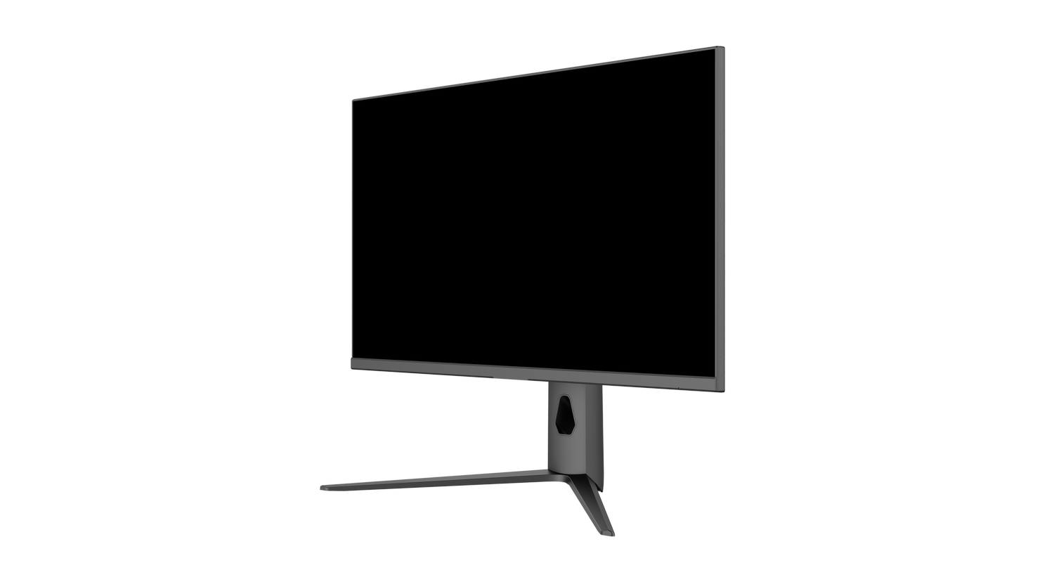 Un monitor de computadora moderno y elegante con pantalla negra sobre fondo gris.