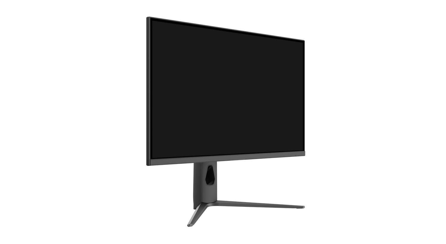 Un monitor de computadora moderno y gris con pantalla negra en blanco.