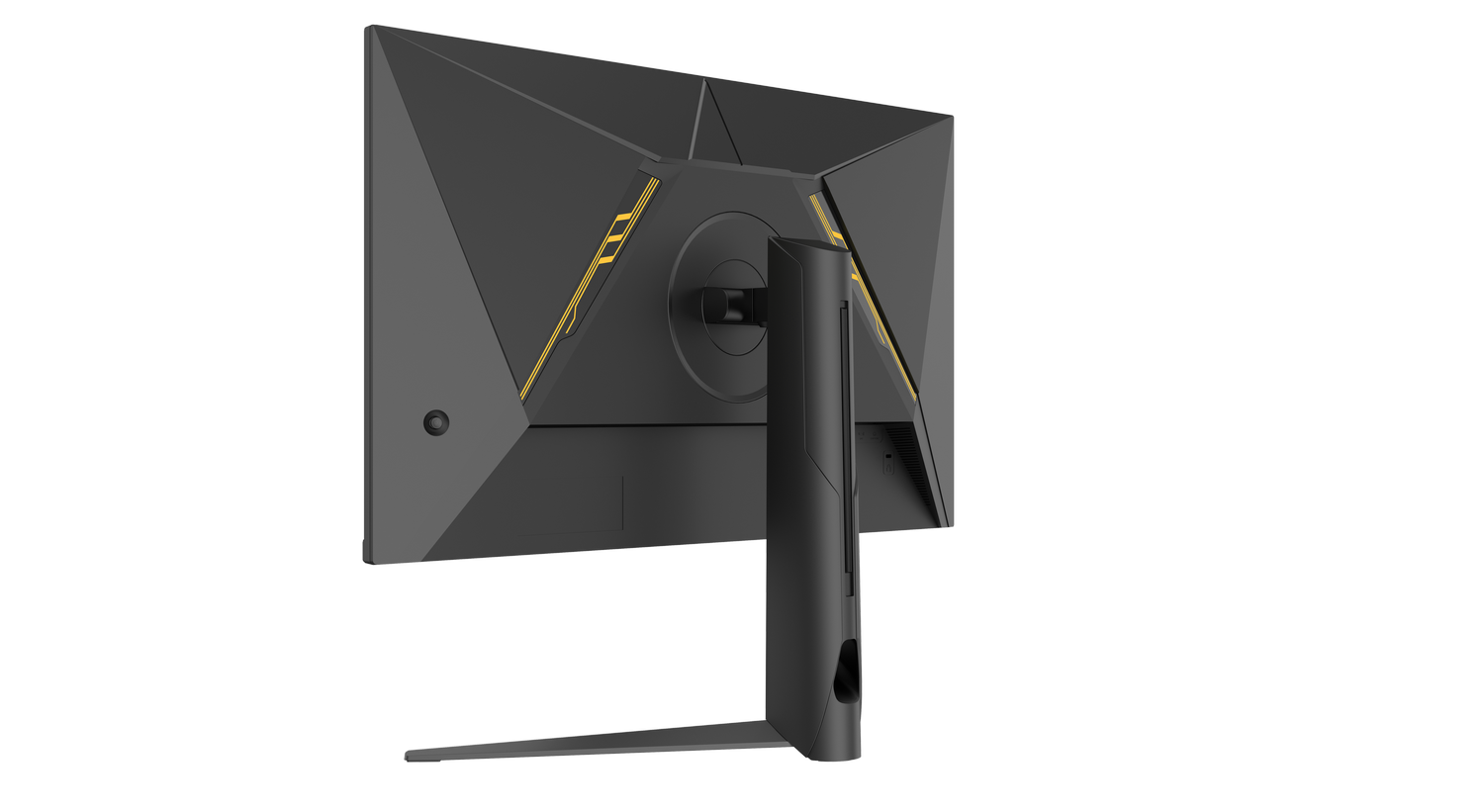 Vista trasera de un monitor negro con acentos amarillos sobre fondo gris.