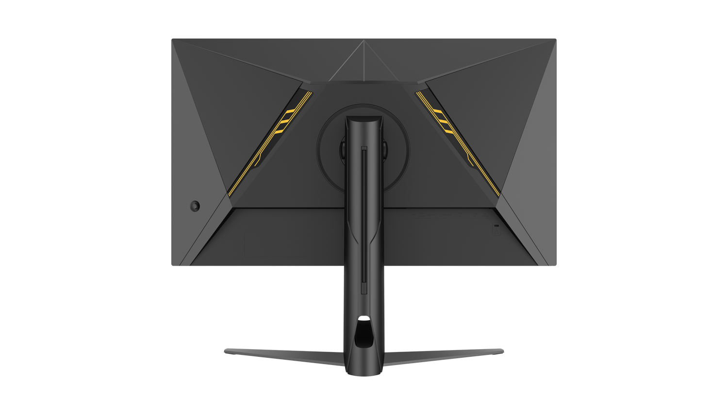 La parte trasera de un monitor negro con detalles amarillos y un soporte.