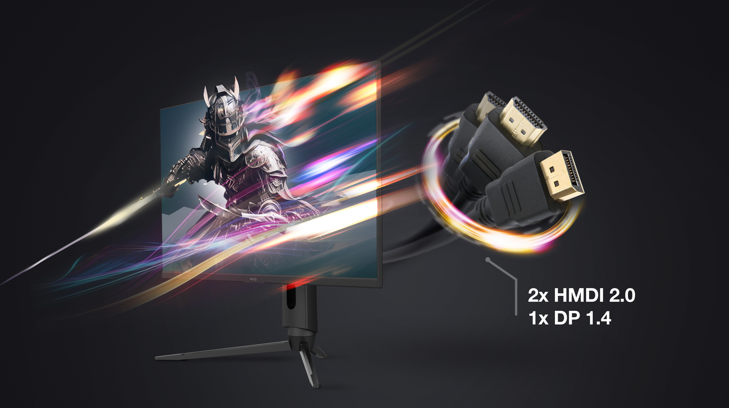 Un monitor muestra un caballero con espada brillante. Cables con conectores HDMI/DP.