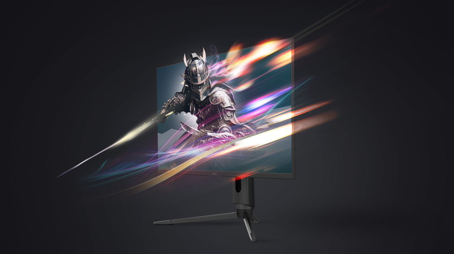 Un caballero con armadura y espada, proyectado en un monitor con efectos de luz coloridos.