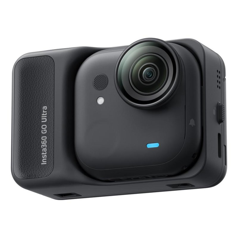 Una cámara de acción Insta360 GO Ultra negra con lente y micrófono.