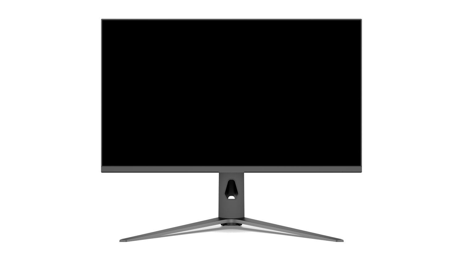 Un moderno monitor de computadora gris con pantalla negra se apoya en un soporte de tres patas.