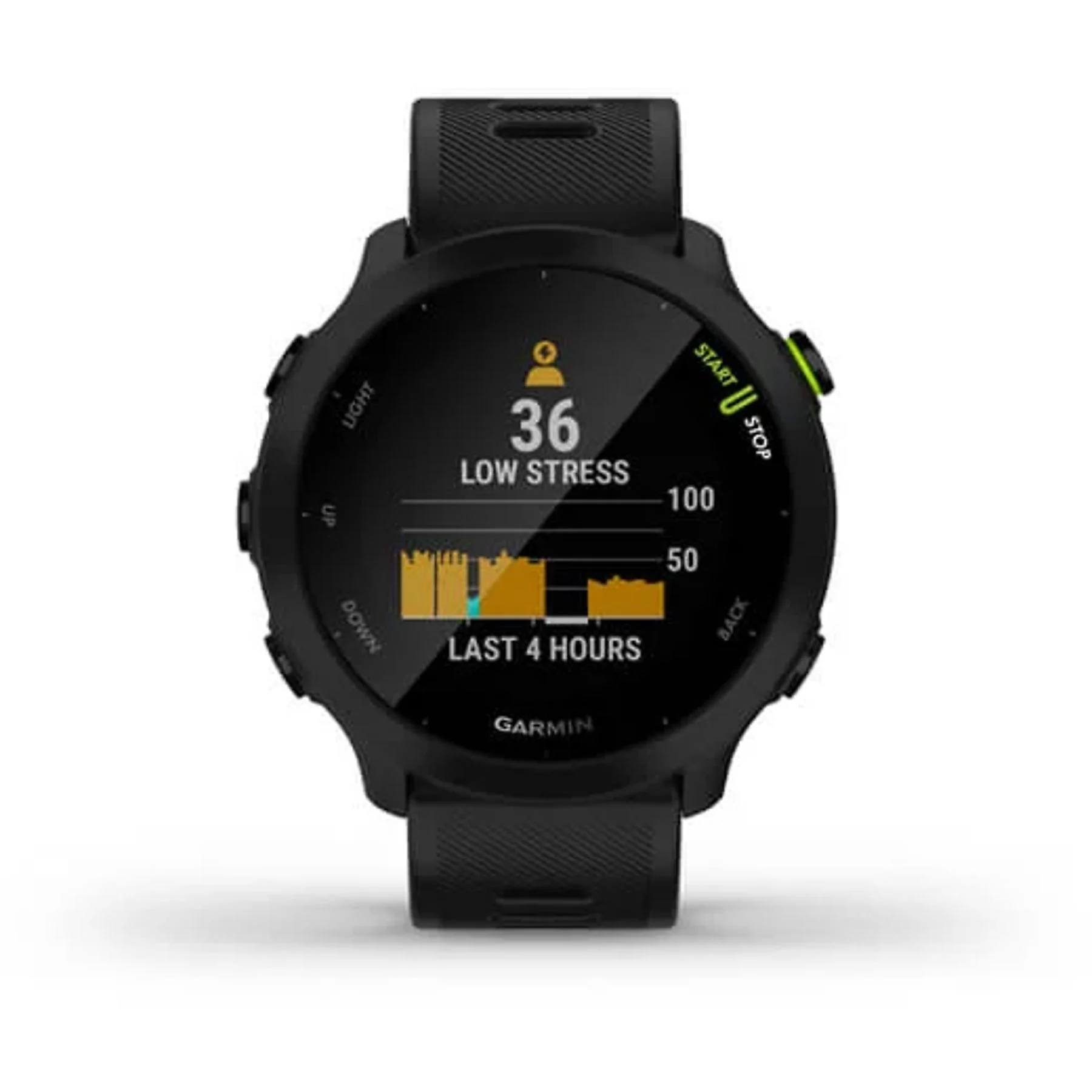 Reloj inteligente Garmin negro muestra bajo nivel de estrés 36 en 4 horas.