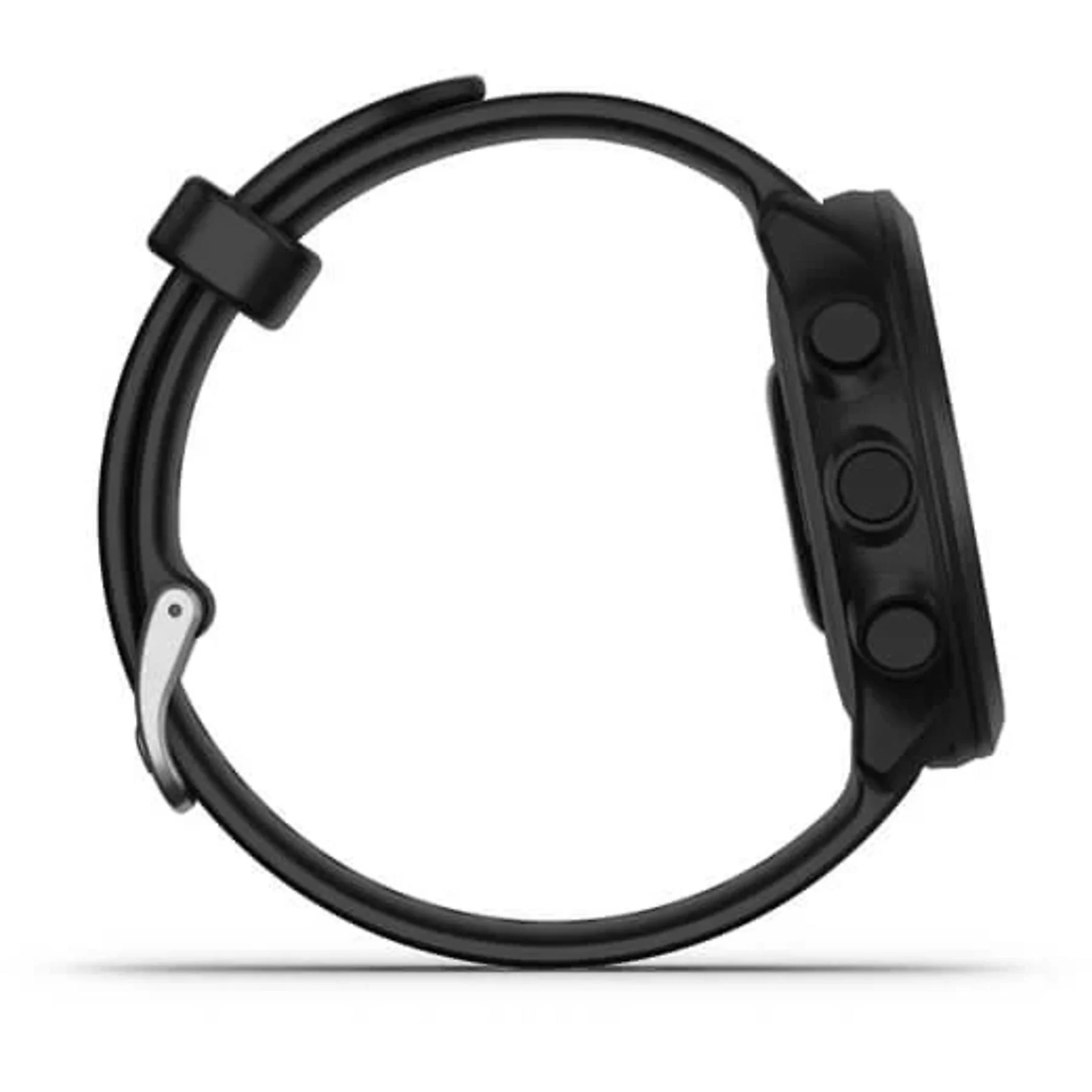 Reloj inteligente negro con tres botones laterales, sobre fondo blanco.