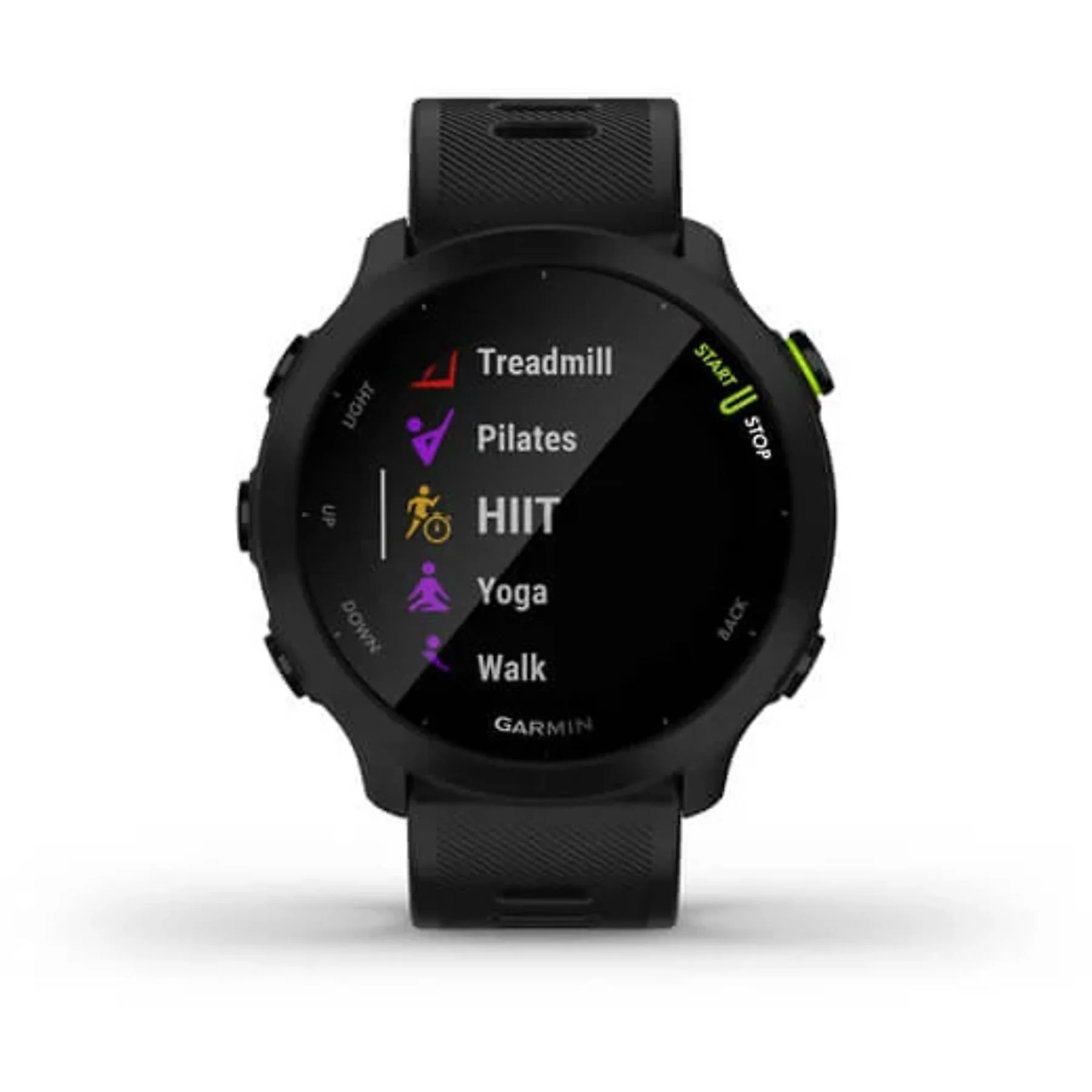 Reloj inteligente negro que muestra modos deportivos como cinta, pilates, HIIT, yoga y caminar.