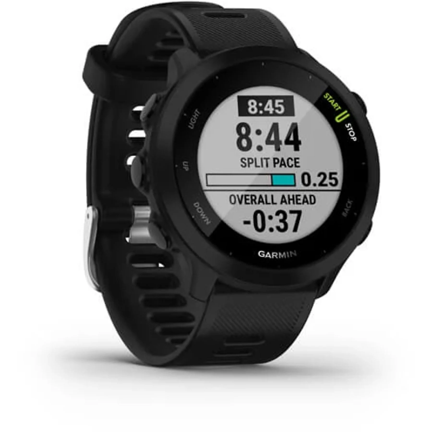 Reloj deportivo Garmin negro con pantalla digital que muestra la hora y datos de entrenamiento.