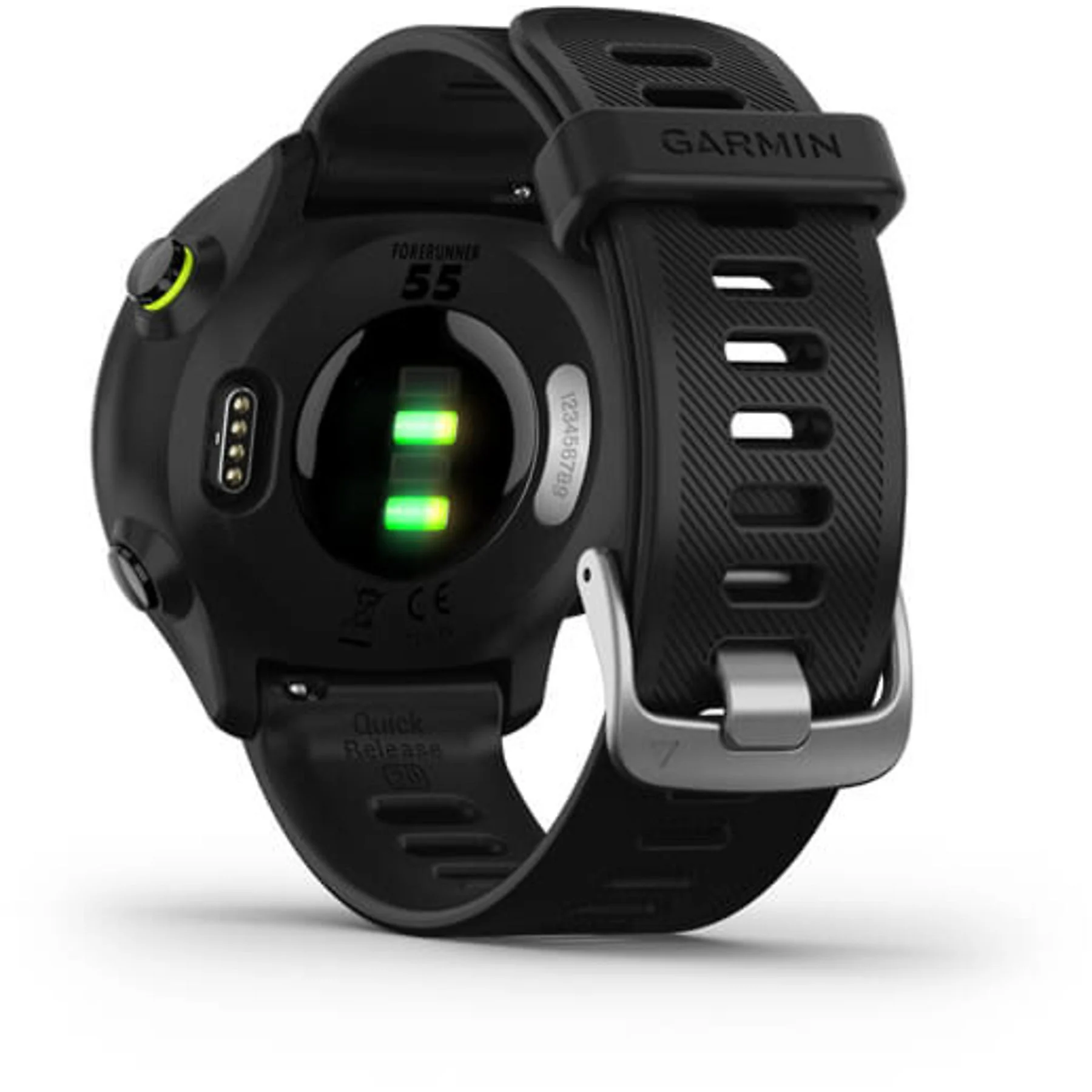 Garmin Forerunner 55 negro con luces verdes y hebilla plateada.