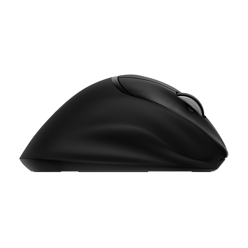 Ratón de ordenador ergonómico negro con rueda de desplazamiento, visto de lado.
