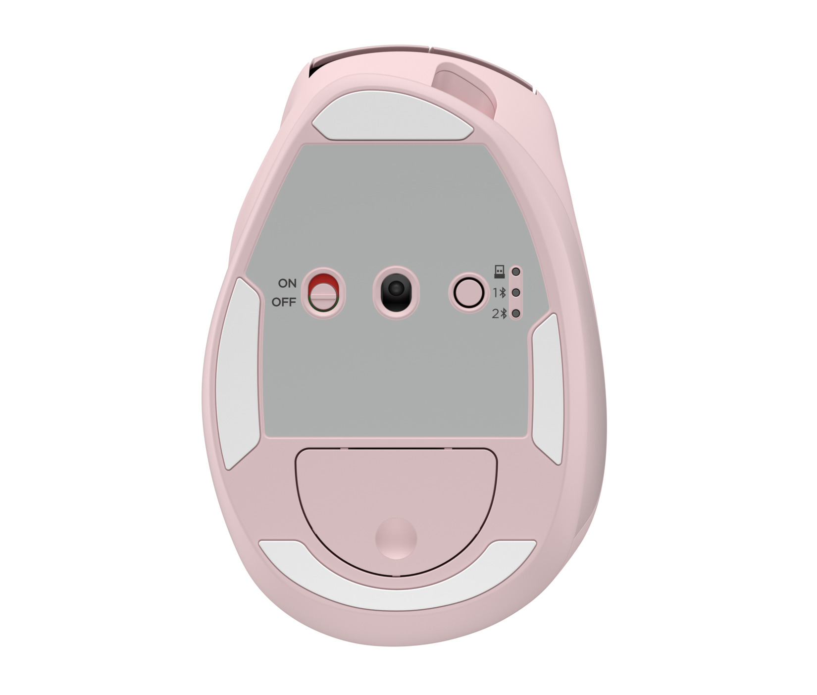Parte inferior de un ratón rosa con interruptor, sensor e indicadores Bluetooth.