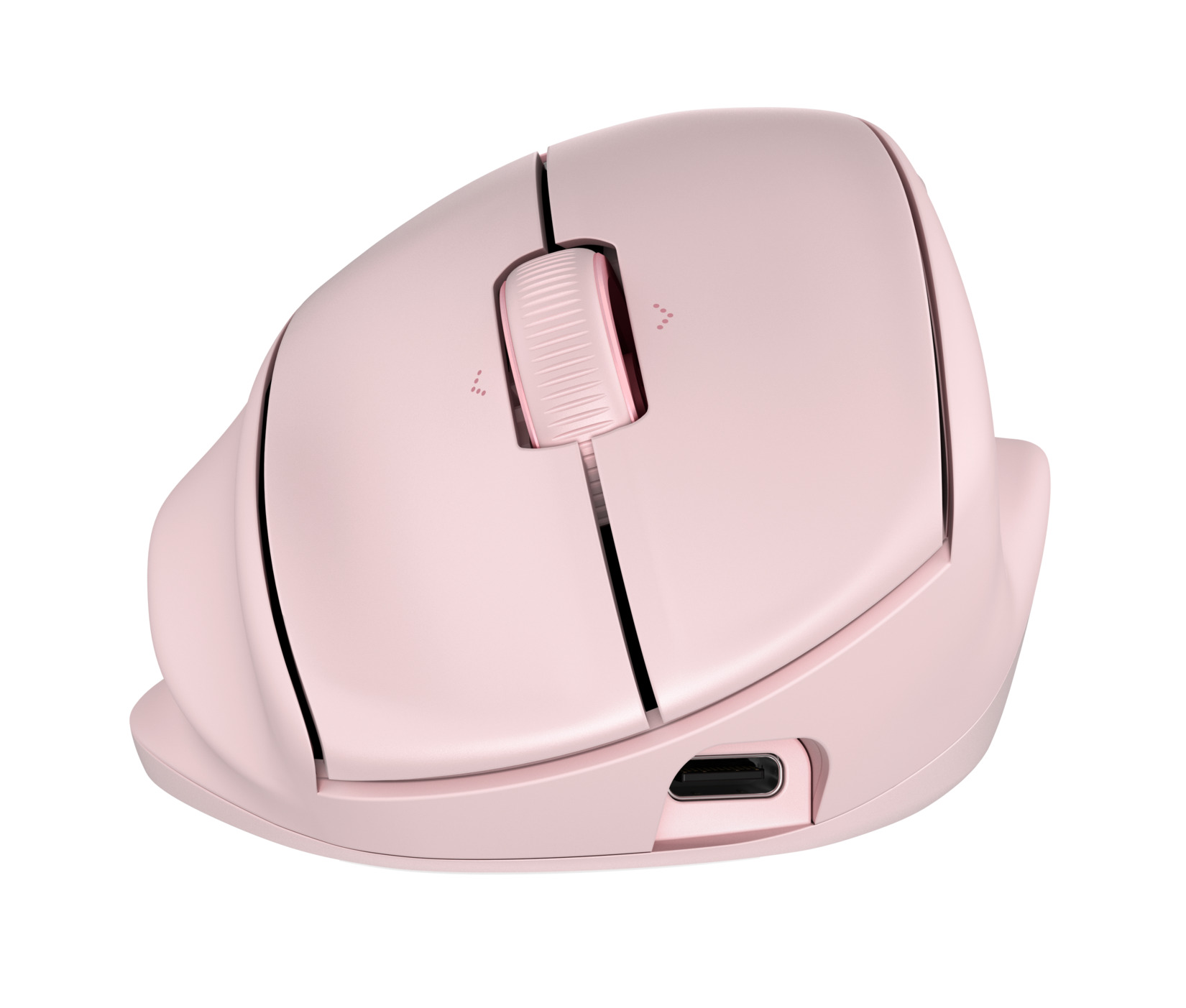 Un ratón rosa con un puerto USB-C y una rueda de desplazamiento.