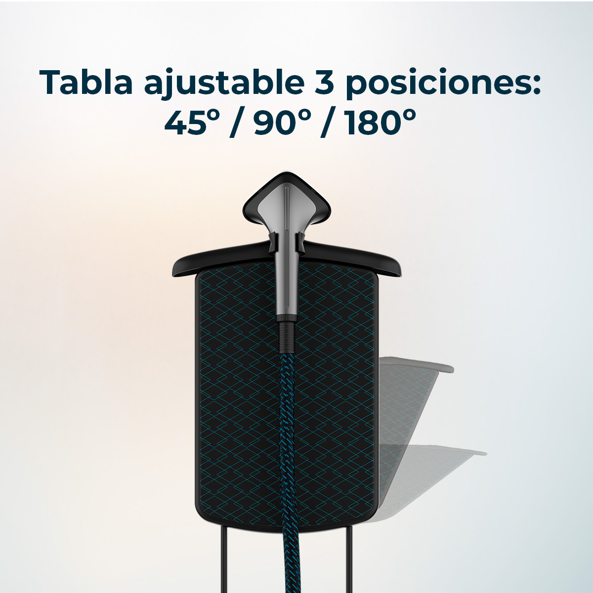 Tabla de planchar con funda negra y patrón azul, ajustable en tres posiciones.