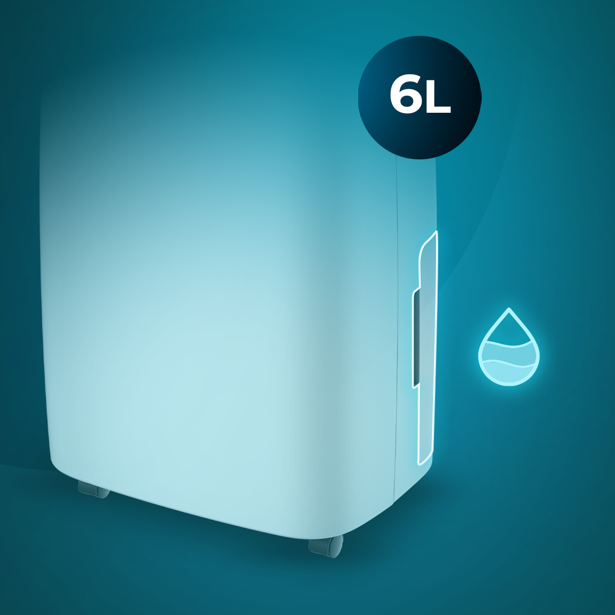 Un dispositivo azul claro con un icono de 6L y un icono de gota de agua.