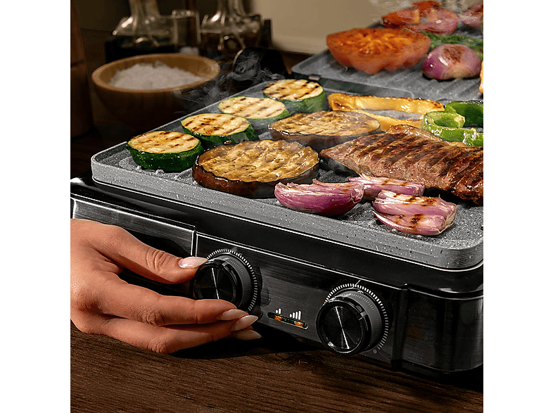 Grill - Cecotec Rock’nGrill 2200 Dual, W, Grill/Plancha reversible, 180º, Termostato dual, RockStone, Negro