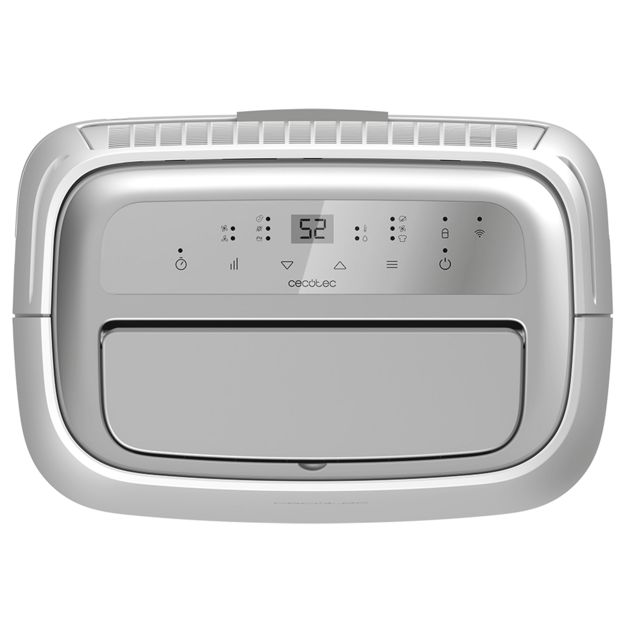 Deshumidificador blanco con pantalla digital e iconos.