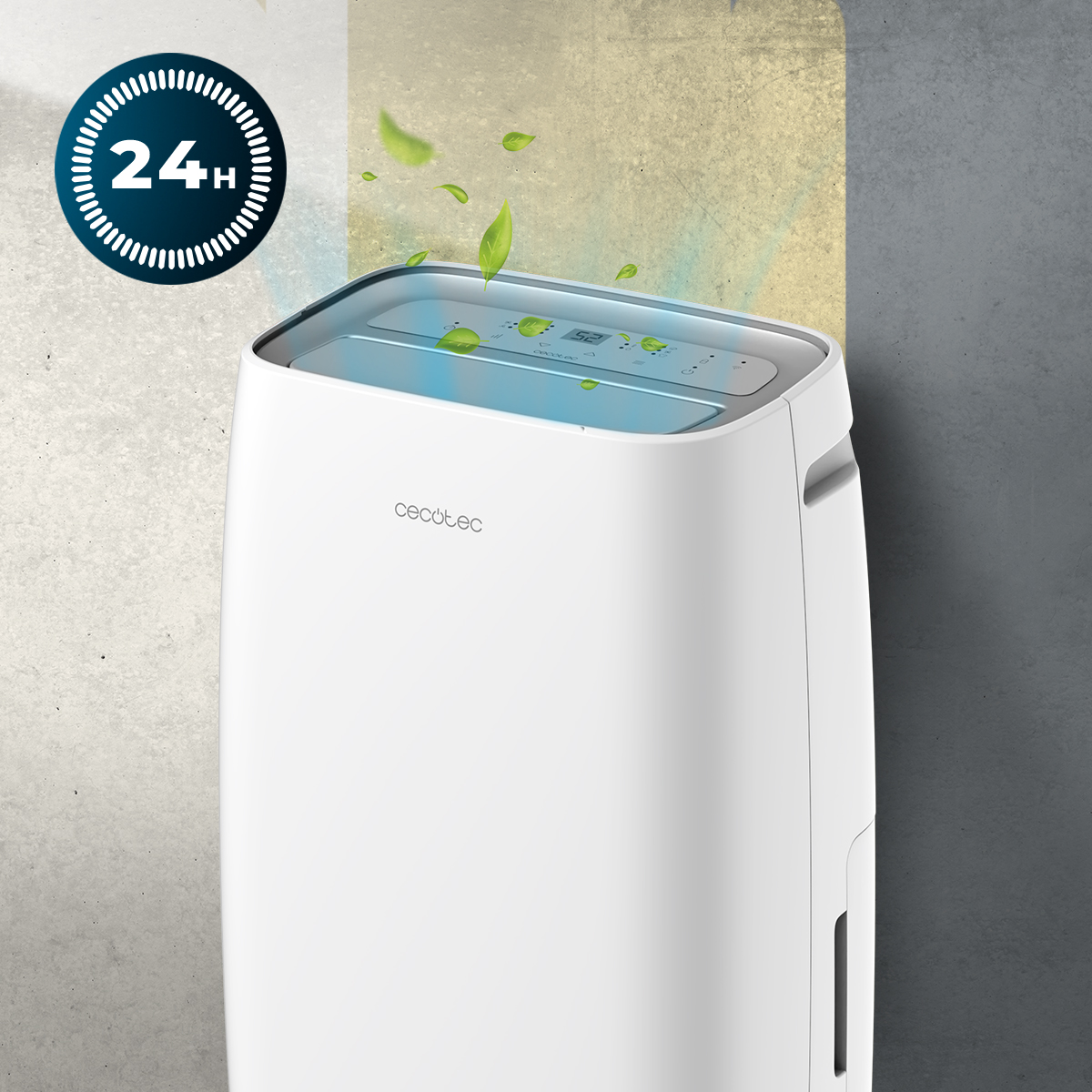 Deshumidificador blanco con ventiladores e icono 24h. Fondo de aspecto de hormigón.