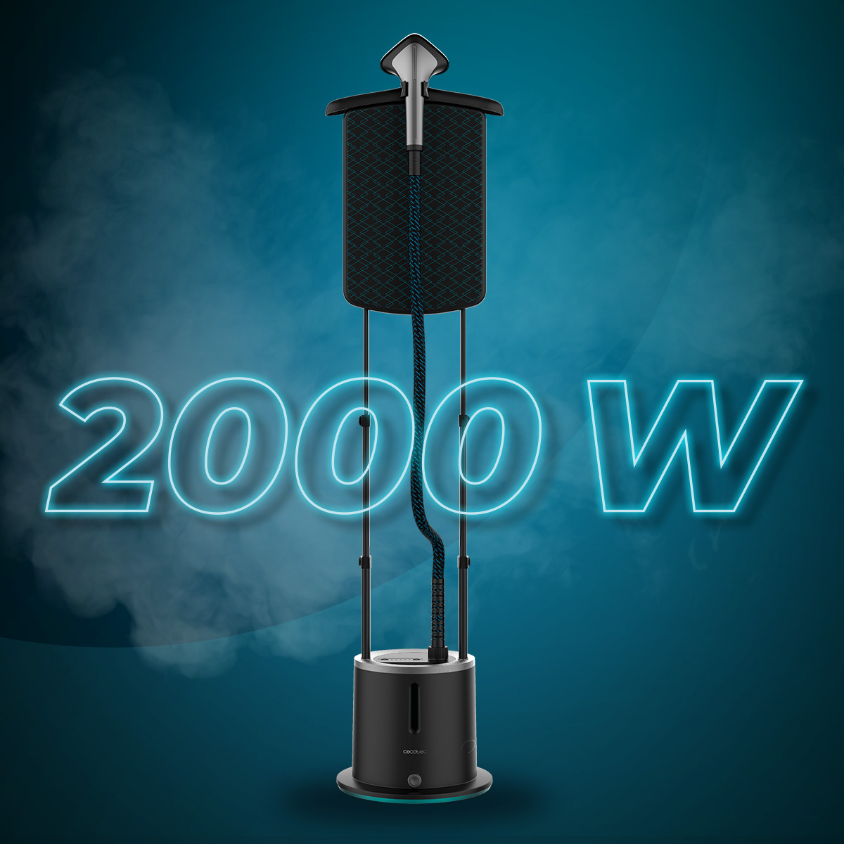 Un vaporizador negro de 2000W sobre fondo azul con humo.