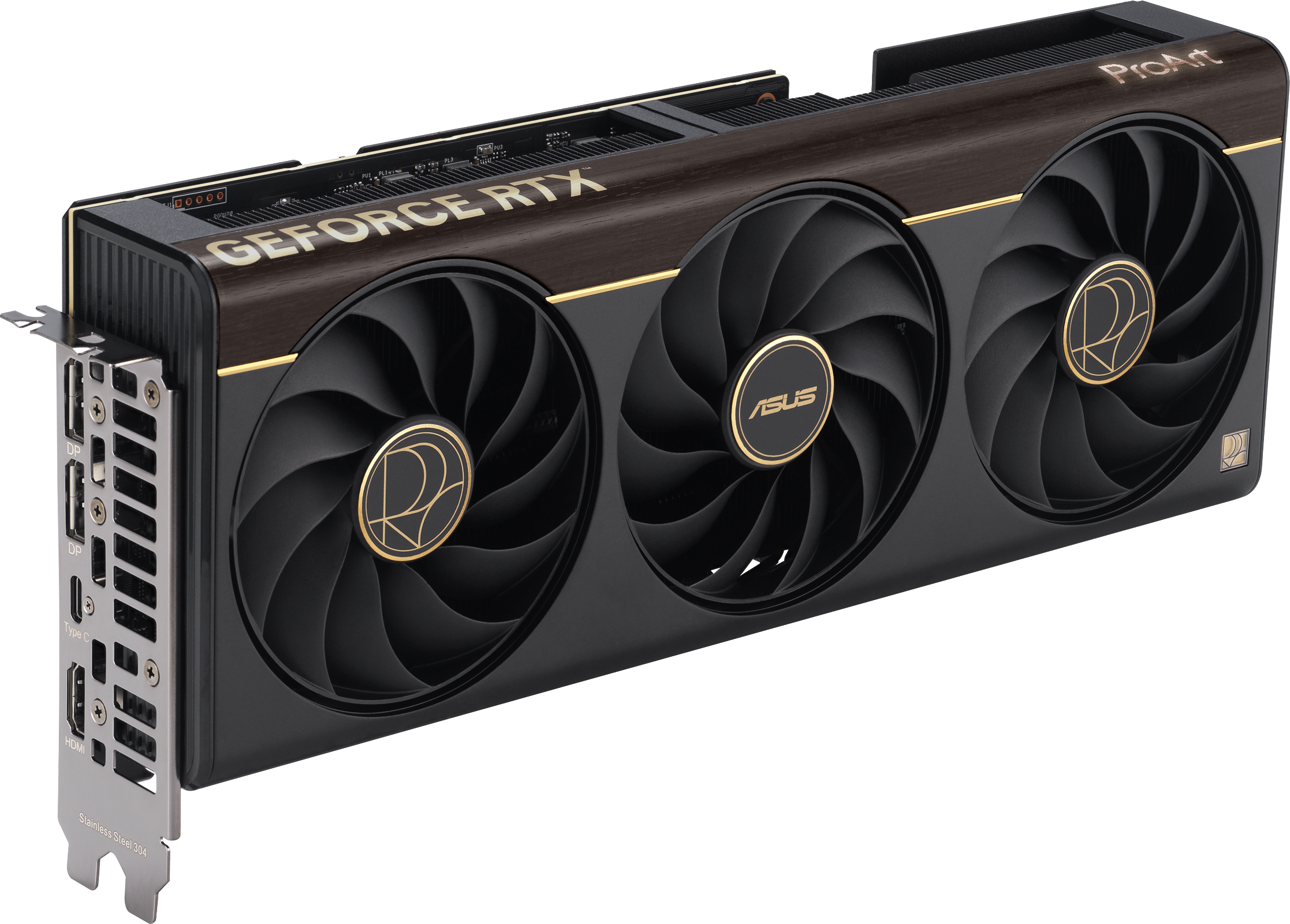 Grafikkarte mit drei Lüftern, dunklem Holzdekor und goldener „GEFORCE RTX“-Beschriftung.