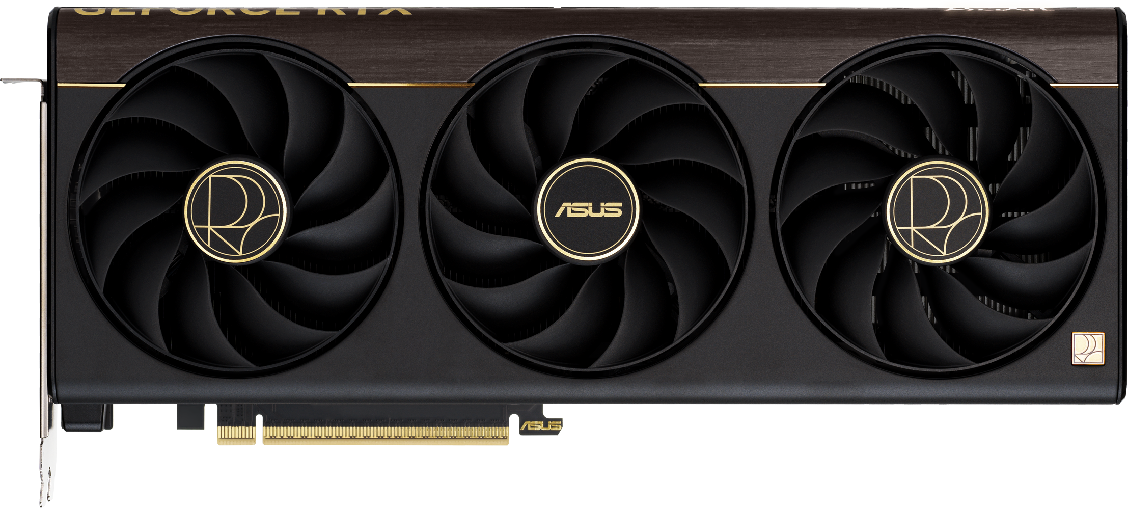 Schwarze Grafikkarte mit drei Lüftern, ASUS-Logo und goldenen Akzenten.