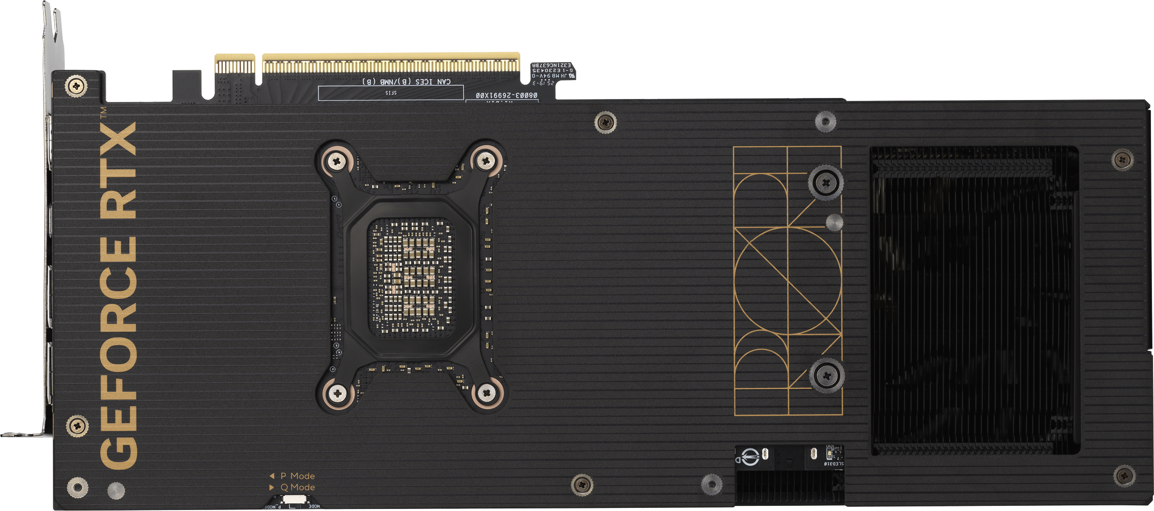 Rückseite einer schwarzen Grafikkarte mit goldenem "GEFORCE RTX"-Schriftzug und Kühlkörper.