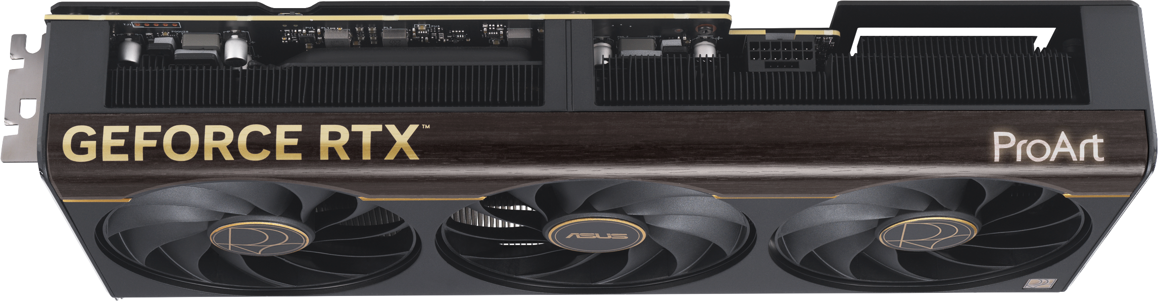 Grafikkarte mit drei Lüftern, GeForce RTX und ProArt Schriftzug.