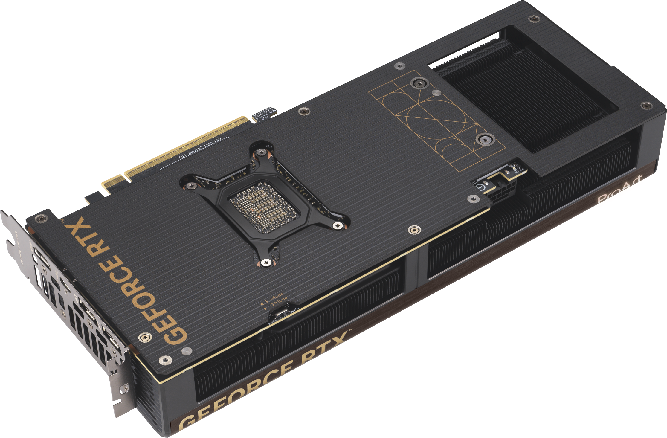 Schwarze Grafikkarte mit goldener Beschriftung 'GEFORCE RTX' auf weißem Hintergrund.
