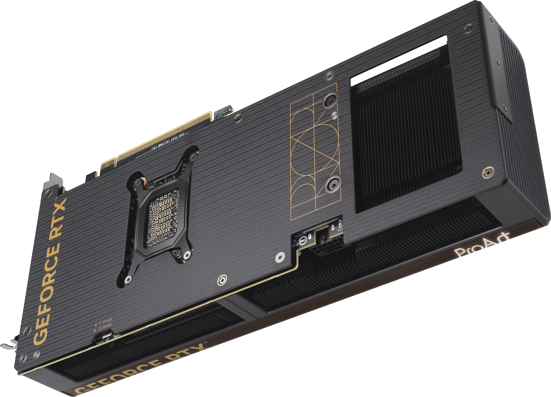 Schwarze Grafikkarte mit goldenem "GEFORCE RTX" und "ProArt" Schriftzug.