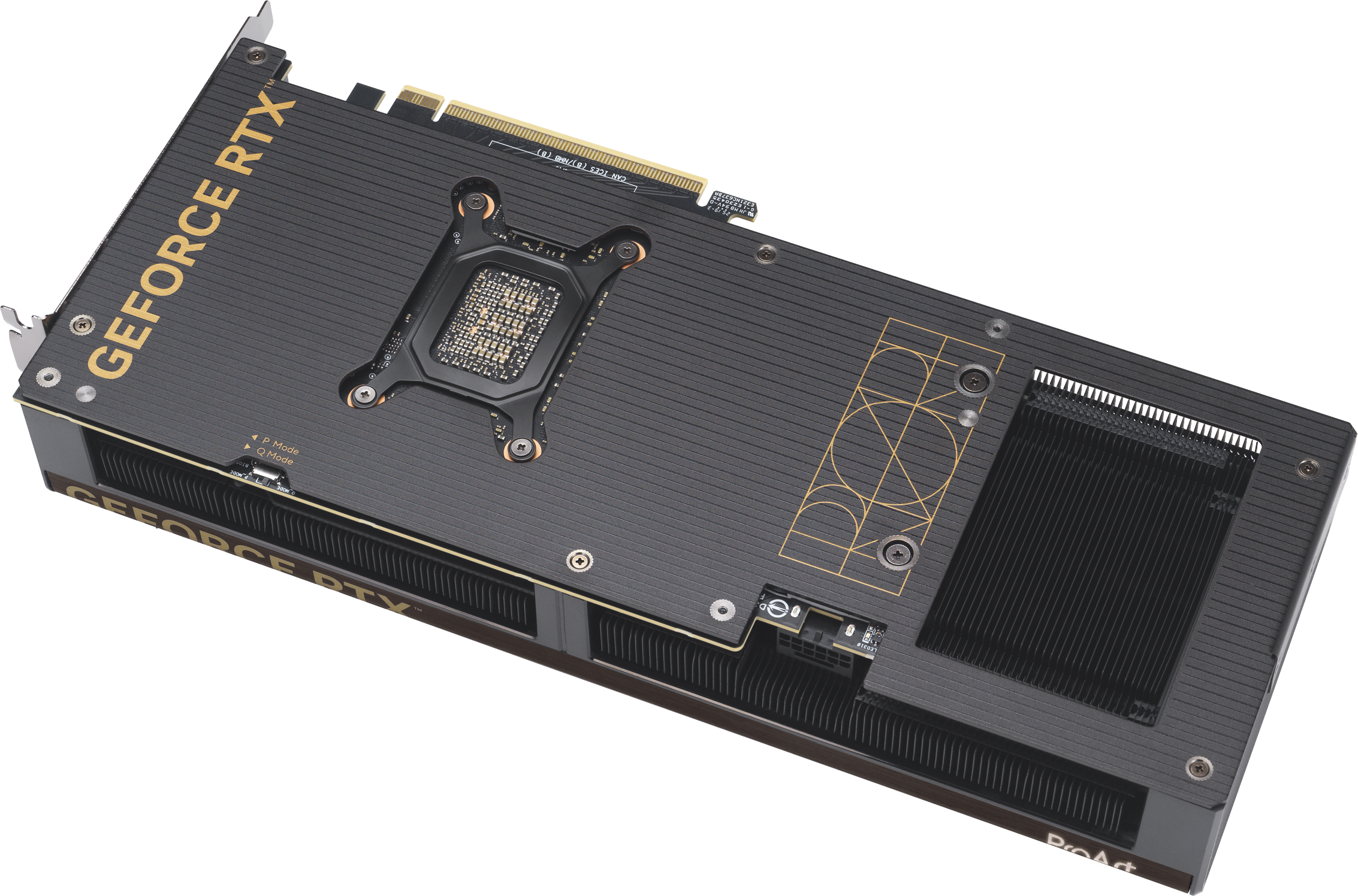 Schwarze Grafikkarte mit goldenen Schriftzügen 'GEFORCE RTX' und Kühlrippen.