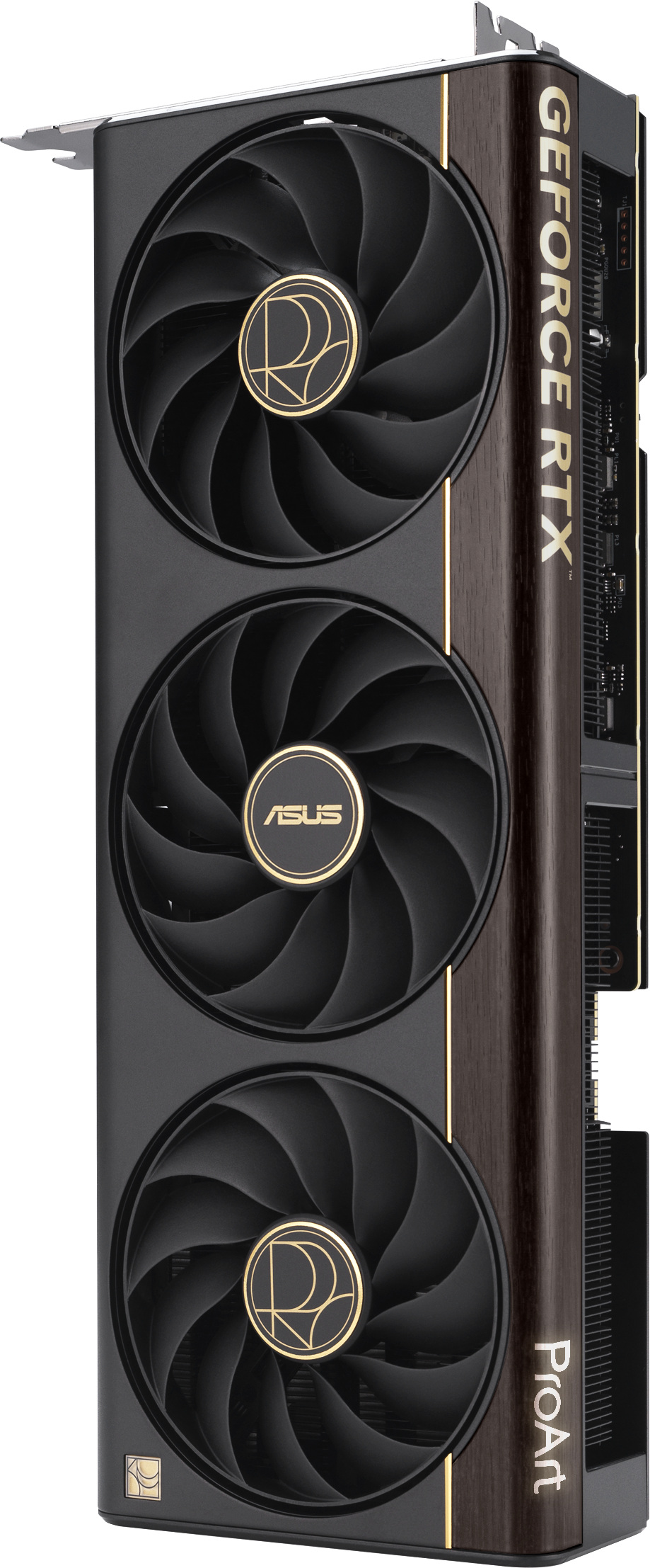 Ein schwarzer Grafikkartenlüfter mit goldener ASUS- und ProArt-Beschriftung.