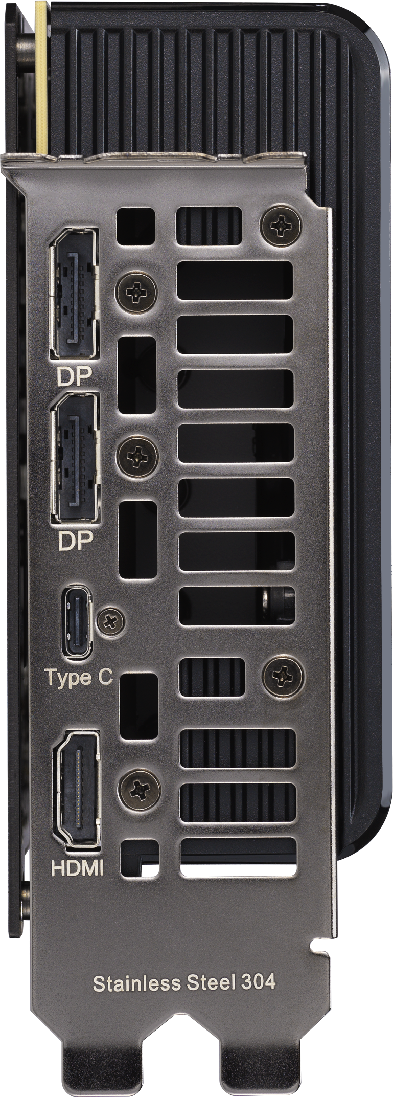 Anschlussseite einer Grafikkarte mit DP-, Typ-C- und HDMI-Anschlüssen.