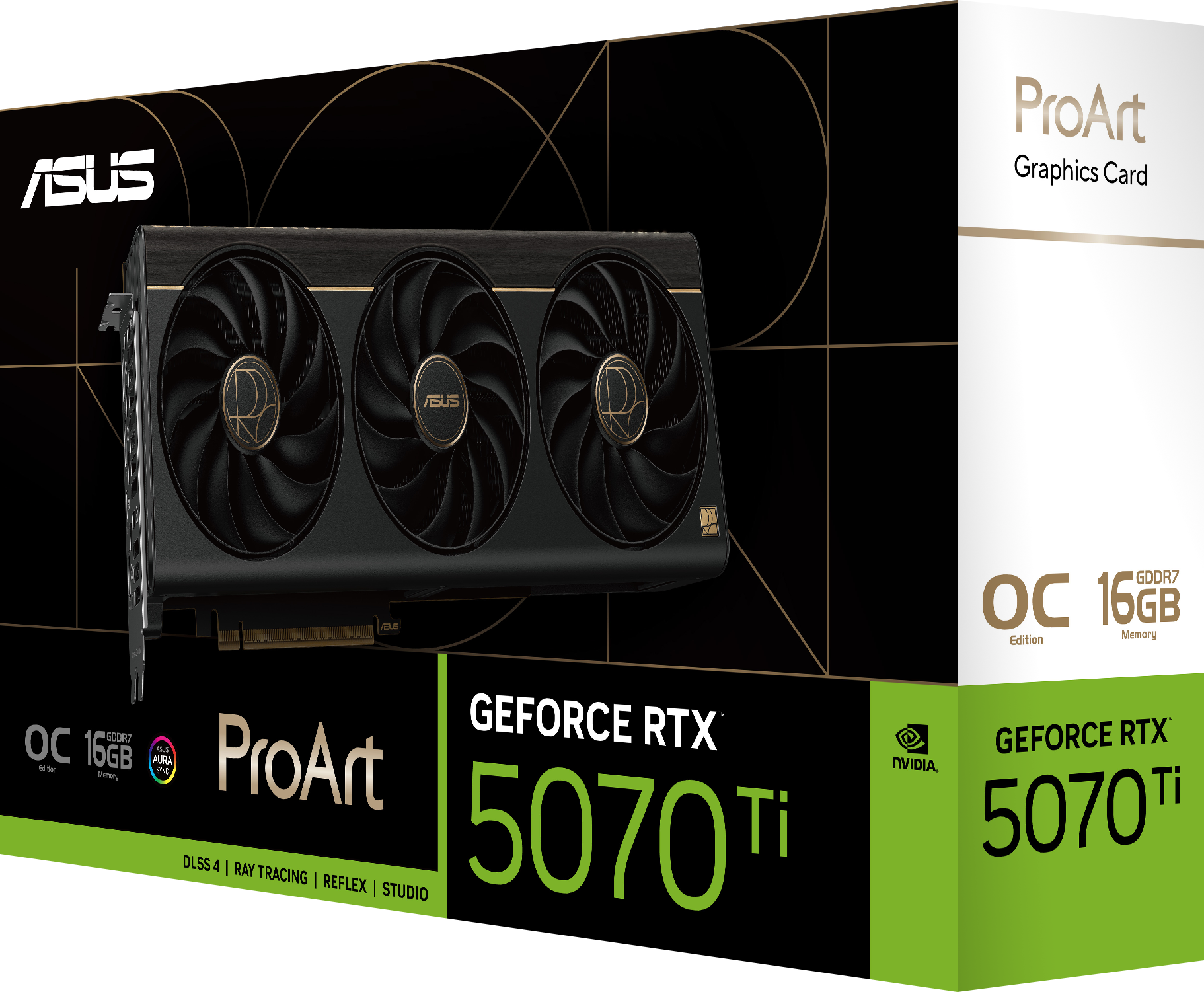 ASUS ProArt GeForce RTX 5070 Ti-Grafikkartenverpackung mit drei Lüftern.