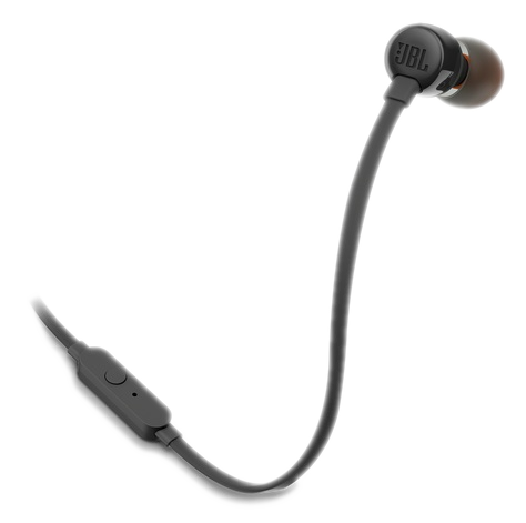 Czarne słuchawki JBL z pilotem na kablu na czarnym tle.