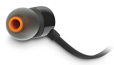 Czarny słuchawki douszne z szarą końcówką i pomarańczowym akcentem.