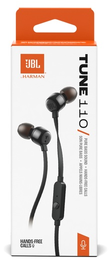 Czarne słuchawki JBL Tune 110 z pilotem na opakowaniu.