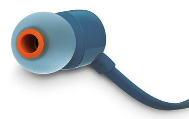 Niebieska słuchawka z jasnoniebieską końcówką i pomarańczowym akcentem, zbliżenie.