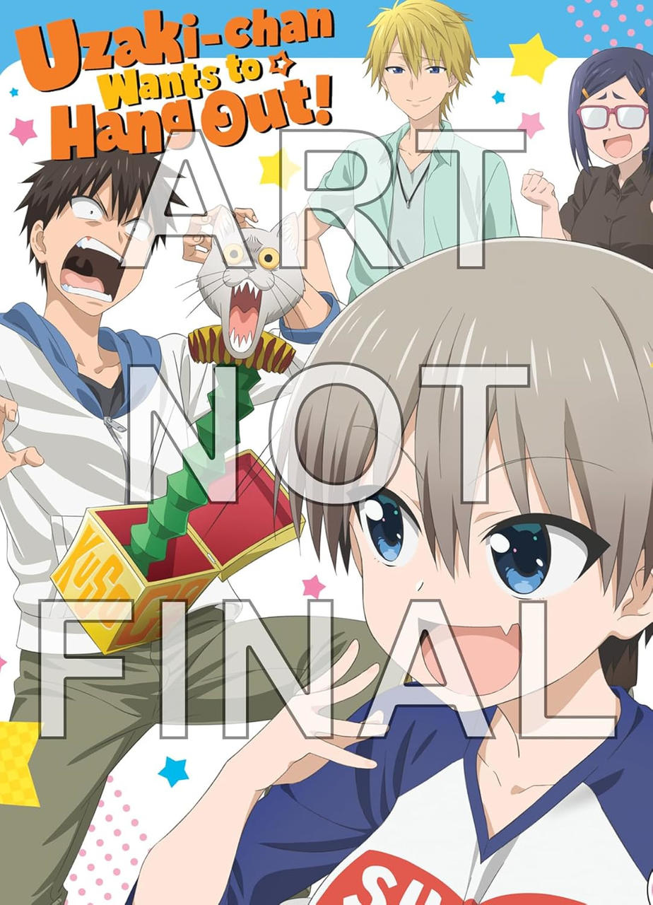 Anime-Charaktere: Uzaki, Sakurai, Shinichi und Tsuki. Ein Katzenspielzeug springt aus einer Kiste.