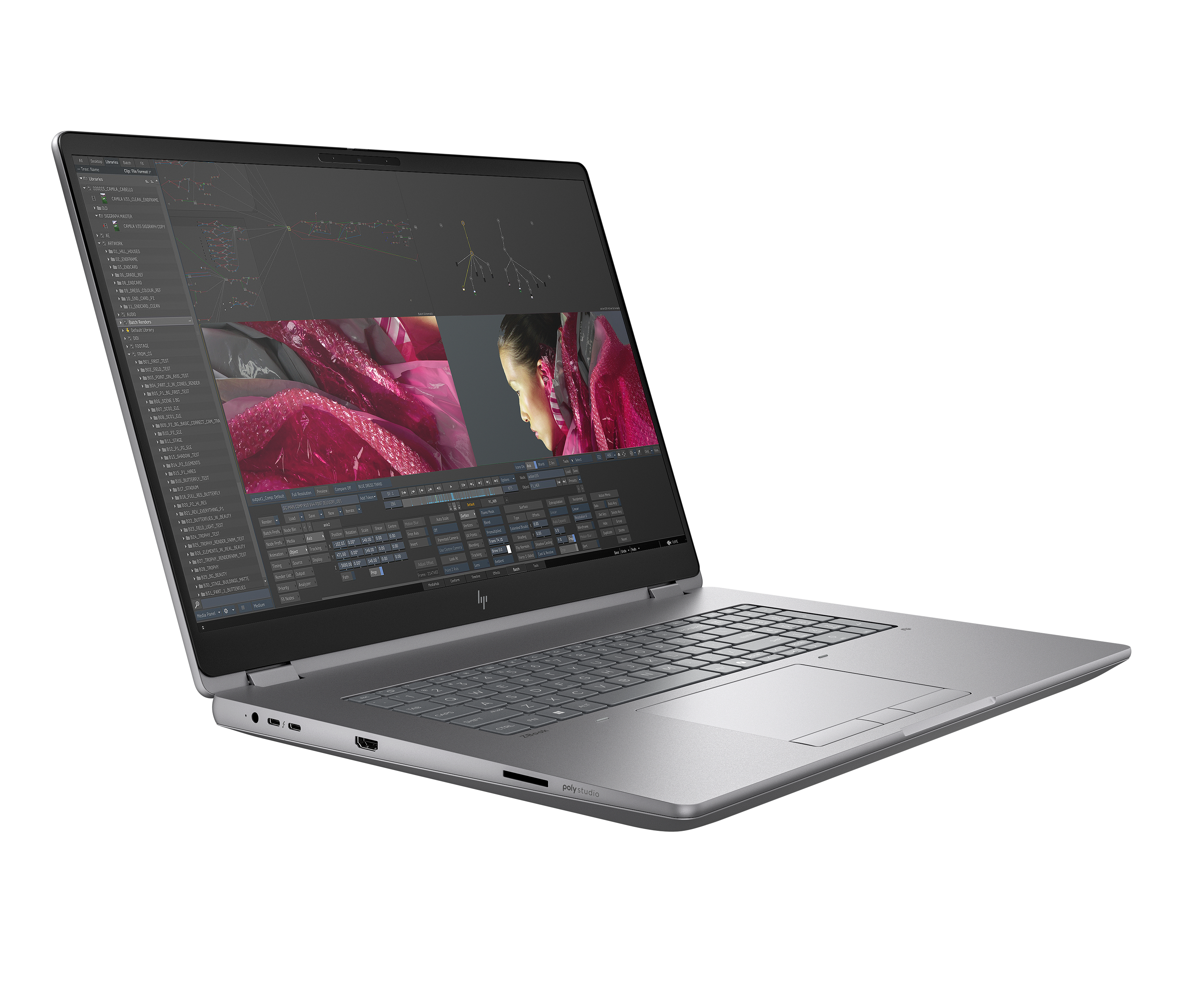 Ein silberner Laptop mit geöffnetem Bildschirm, der eine komplexe Software-Oberfläche anzeigt.