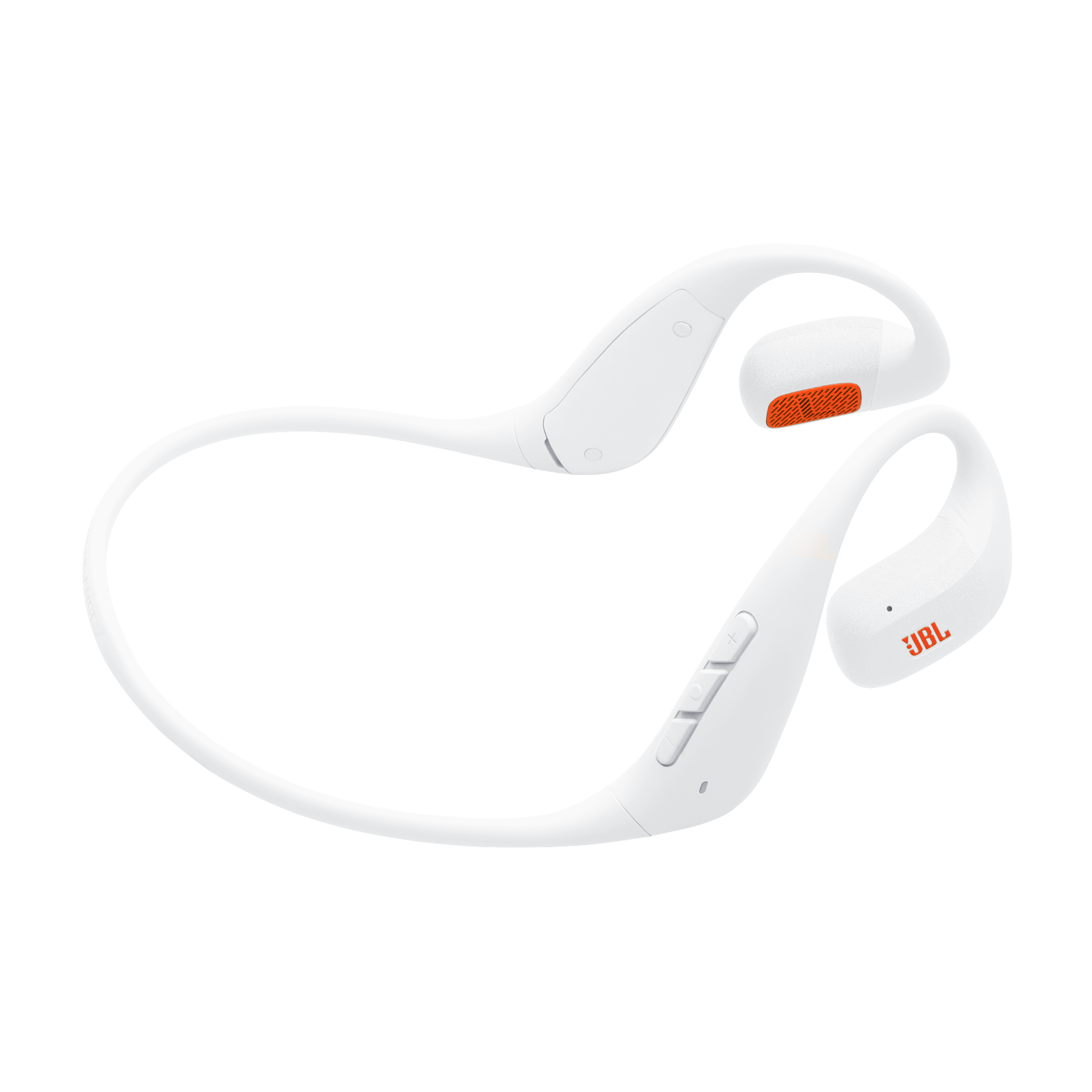 Turuncu vurgulara ve kulak kancalarına sahip beyaz JBL kulaklık.