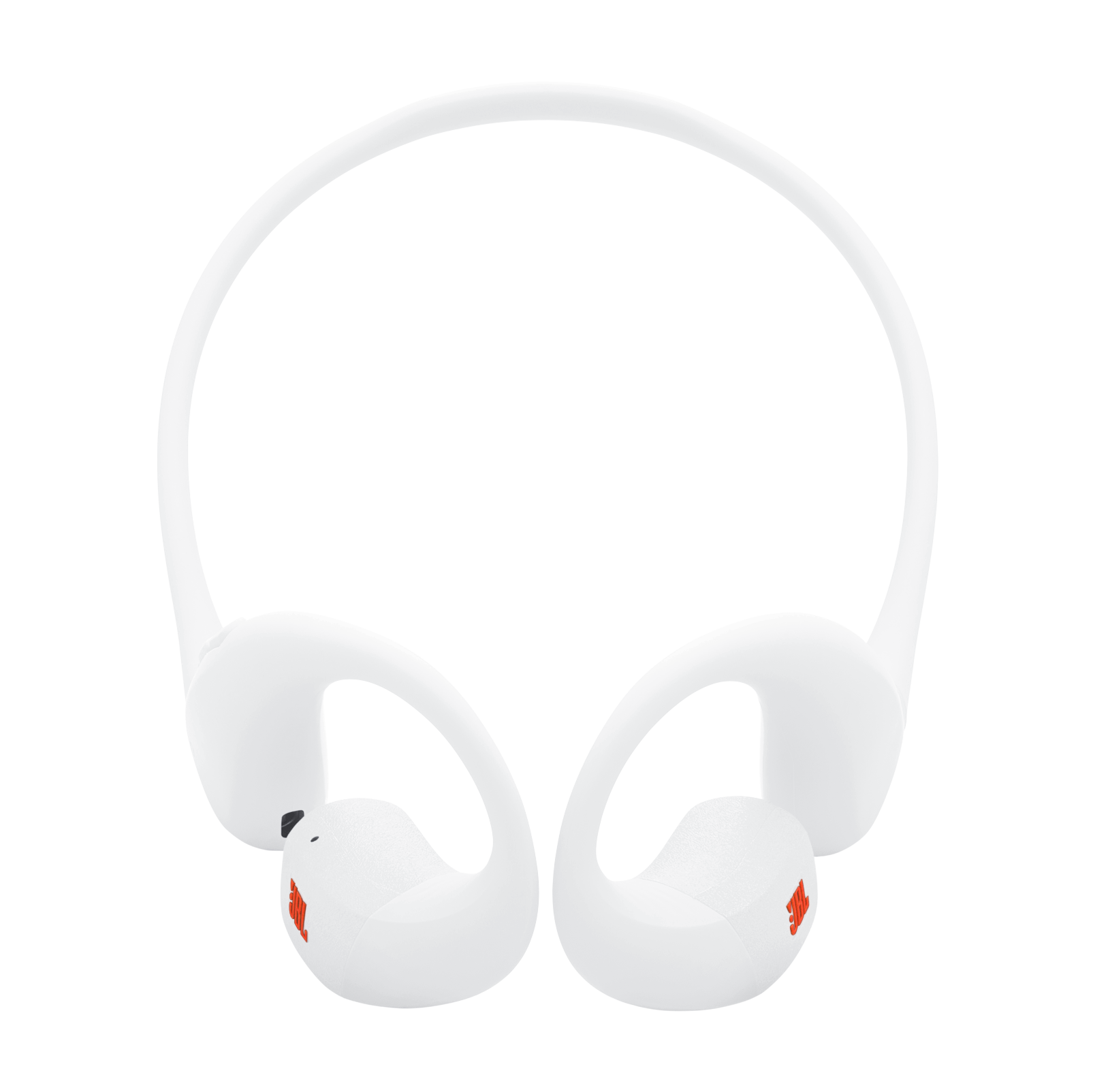Beyaz kablosuz kulaklık, beyaz zeminde turuncu JBL logosuyla.