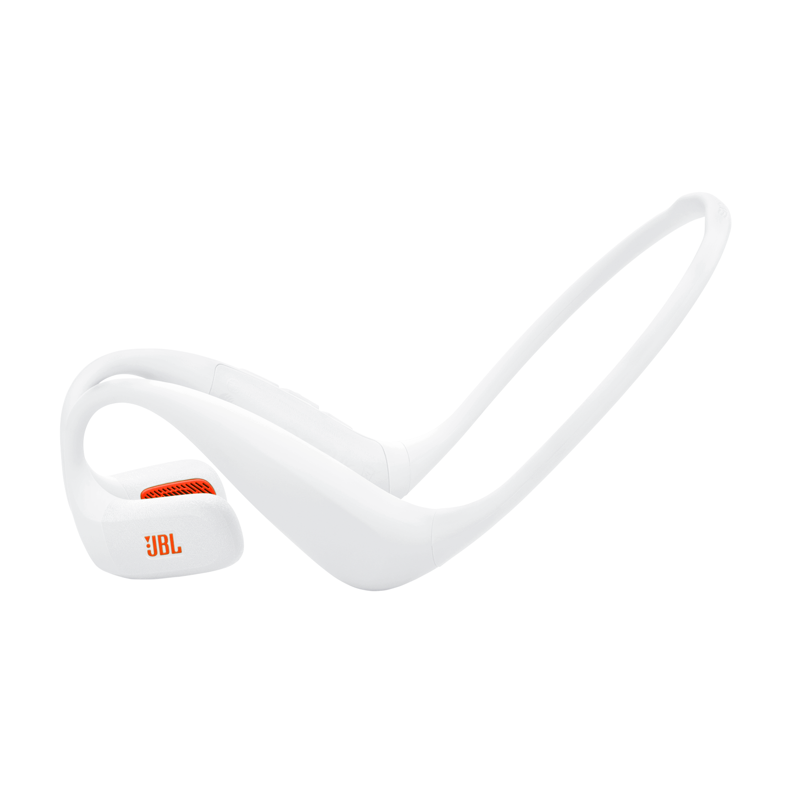 Turuncu aksanlı beyaz JBL kulaklık.