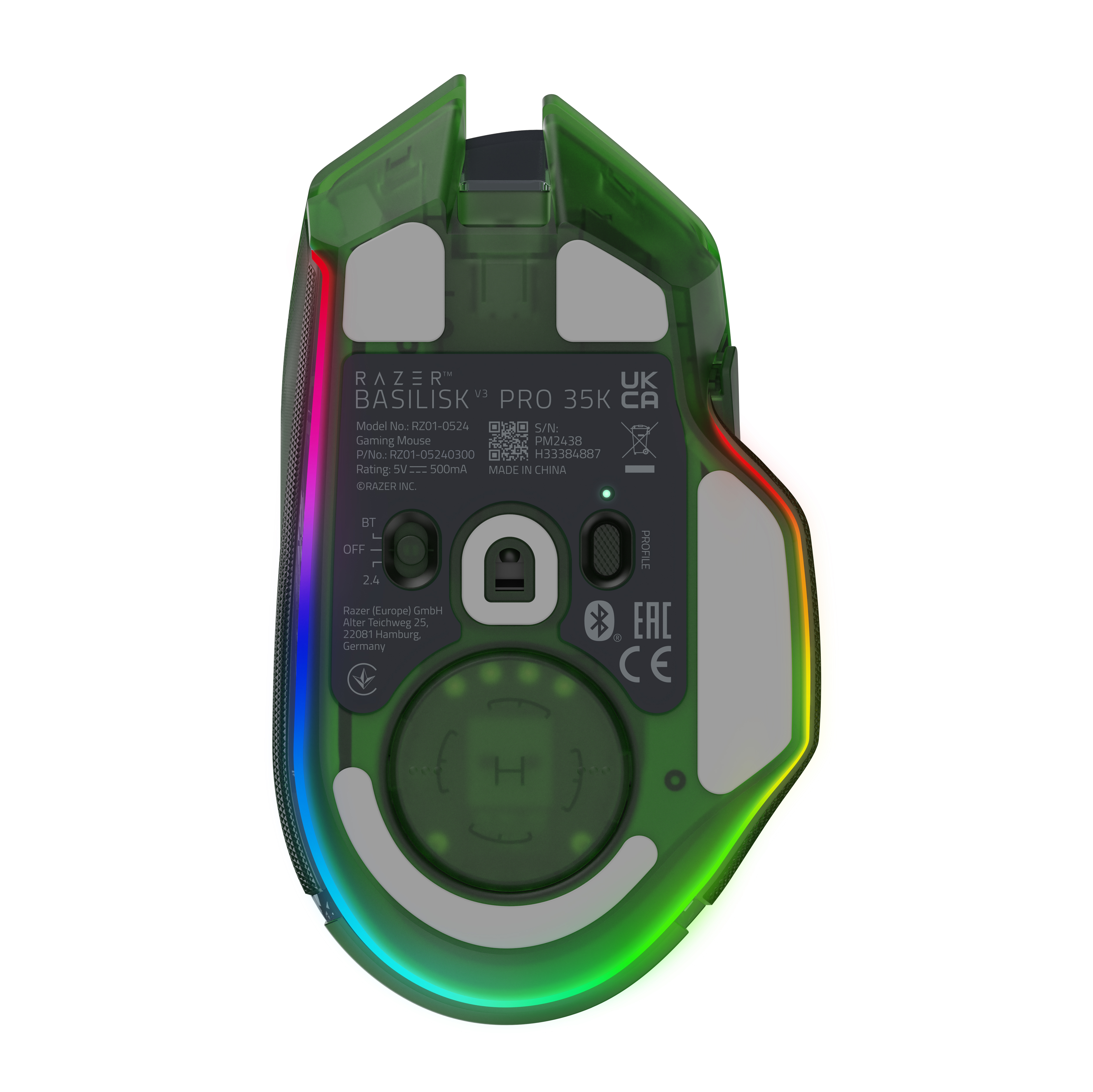 RGB aydınlatmalı yeşil Razer oyuncu faresi ve teknik detaylar.