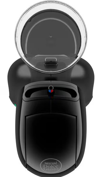 Czarna ekspres do kawy z przezroczystą pokrywką i czerwononiebieskim wskaźnikiem.