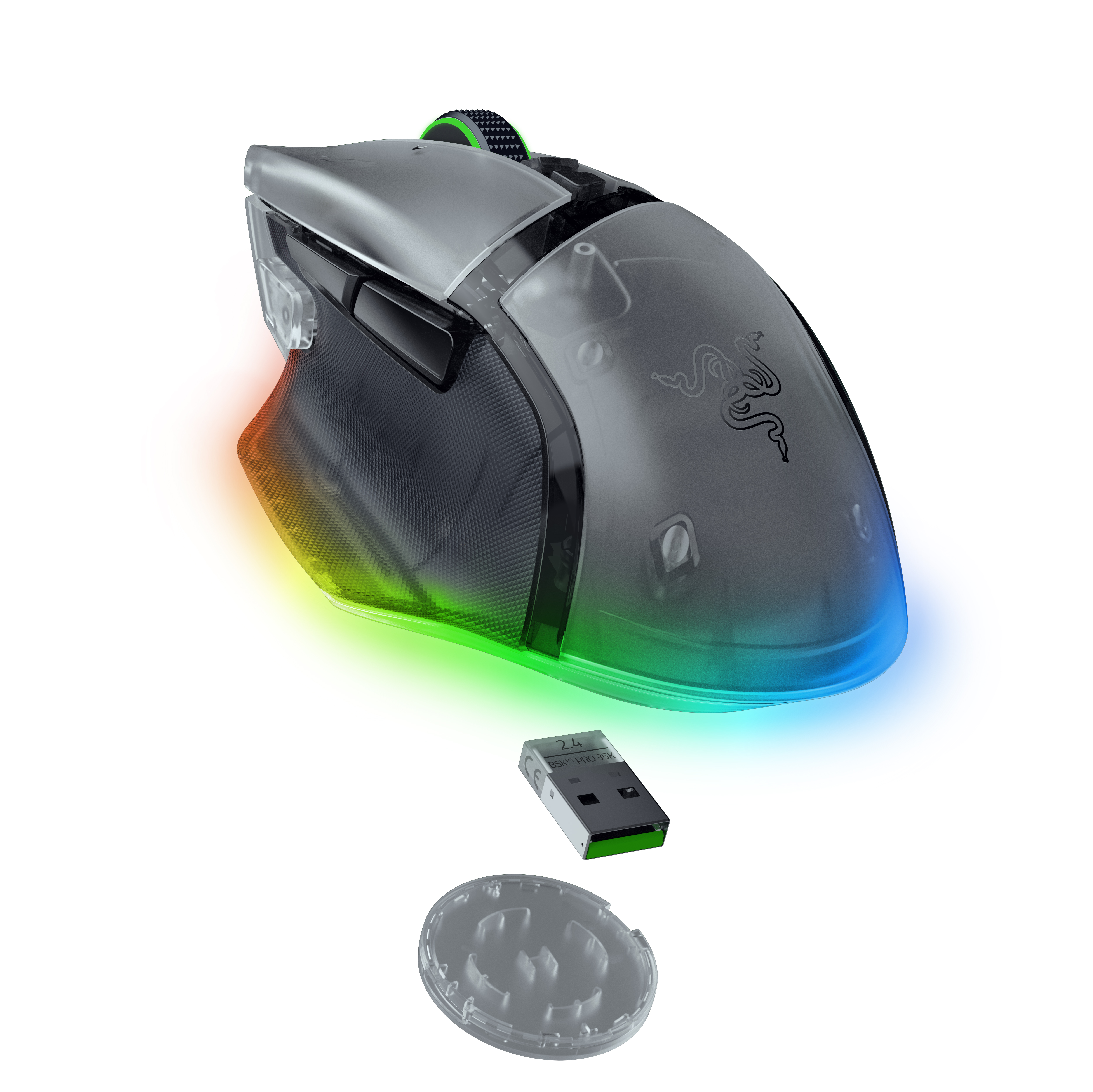 RGB aydınlatmalı gri oyun faresi ve USB dongle.