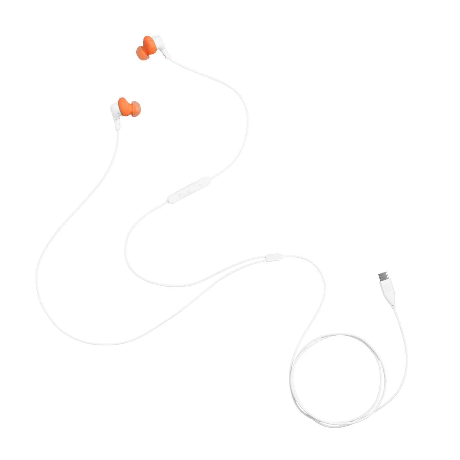 Turuncu uçlu beyaz kulaklık ve USB-C konektörü.