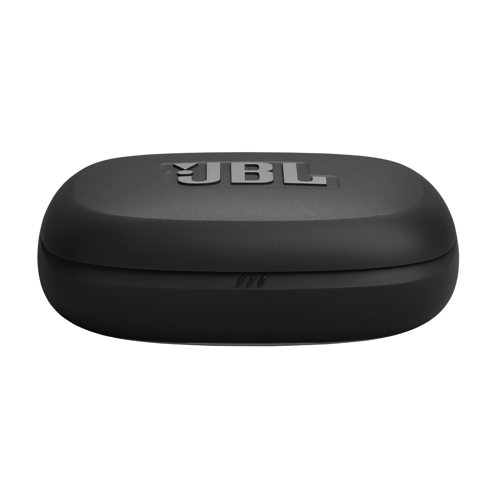 Gümüş logolu ve üç küçük noktalı siyah JBL şarj kutusu.